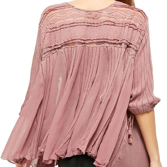 Free People Penny Lane Tunic Women Small Pink Lace Flowy Whimsy Boho Top Peasant - Picture 1 of 16